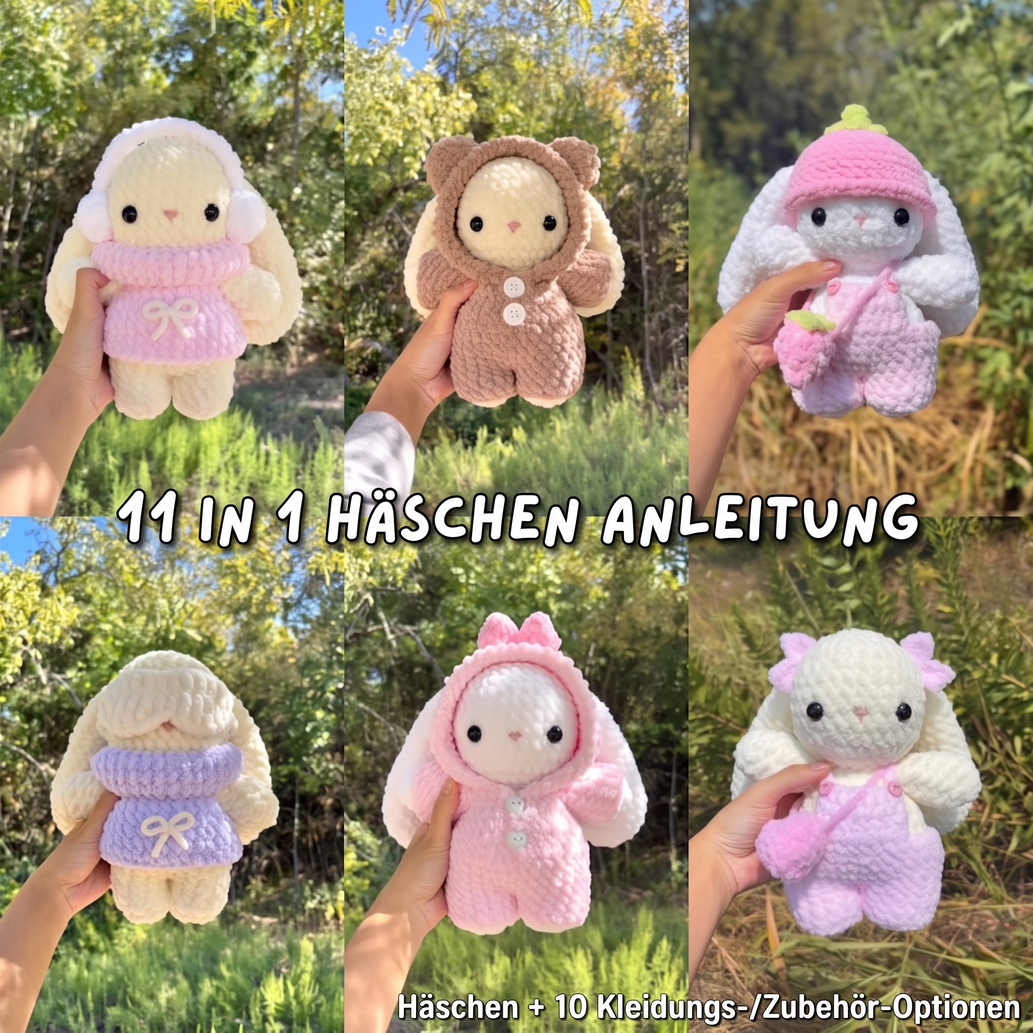 11-in-1 Häkelanleitung – Baby-Hase mit Kleidung