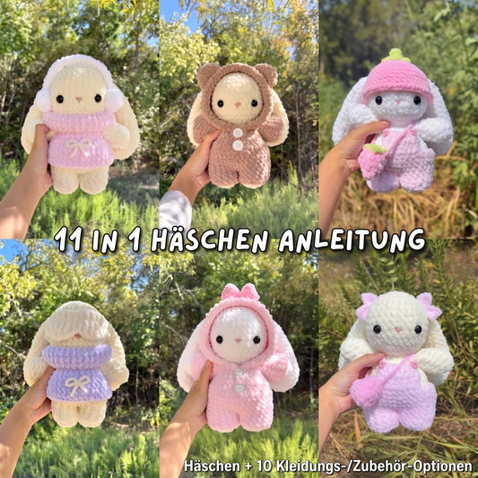 11-in-1 Häkelanleitung – Baby-Hase mit Kleidung
