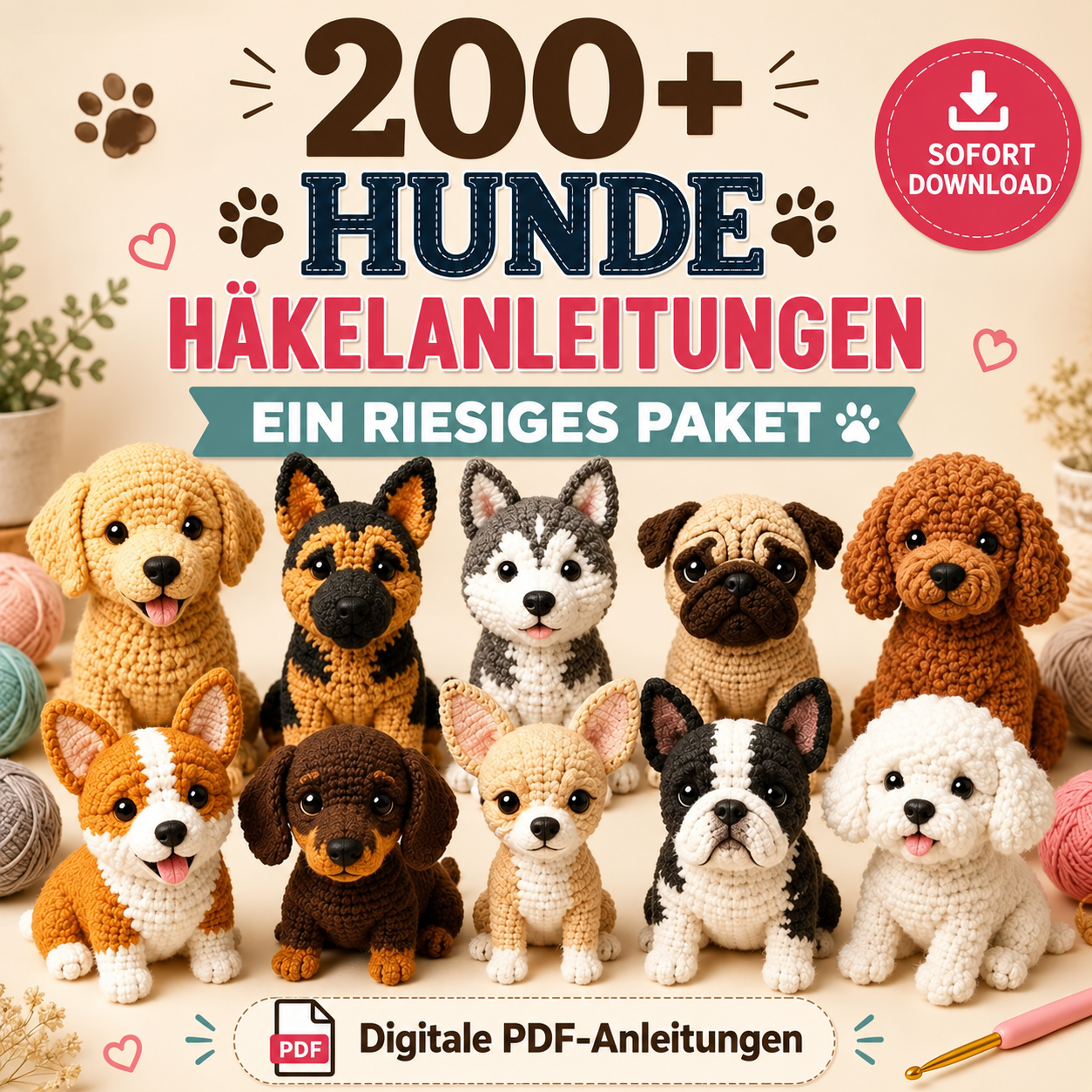 200+ Hunde häkeln: Amigurumi PDF-Paket