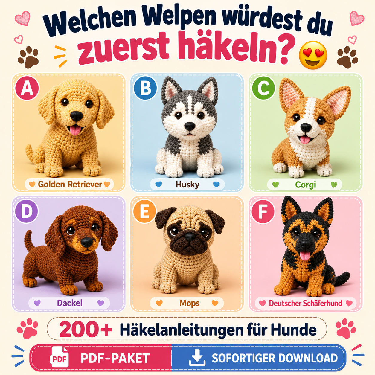 200+ Hunde häkeln: Amigurumi PDF-Paket
