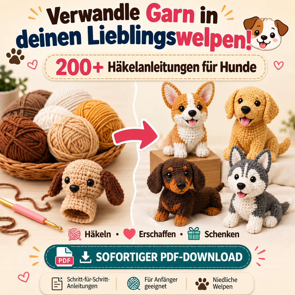 200+ Hunde häkeln: Amigurumi PDF-Paket