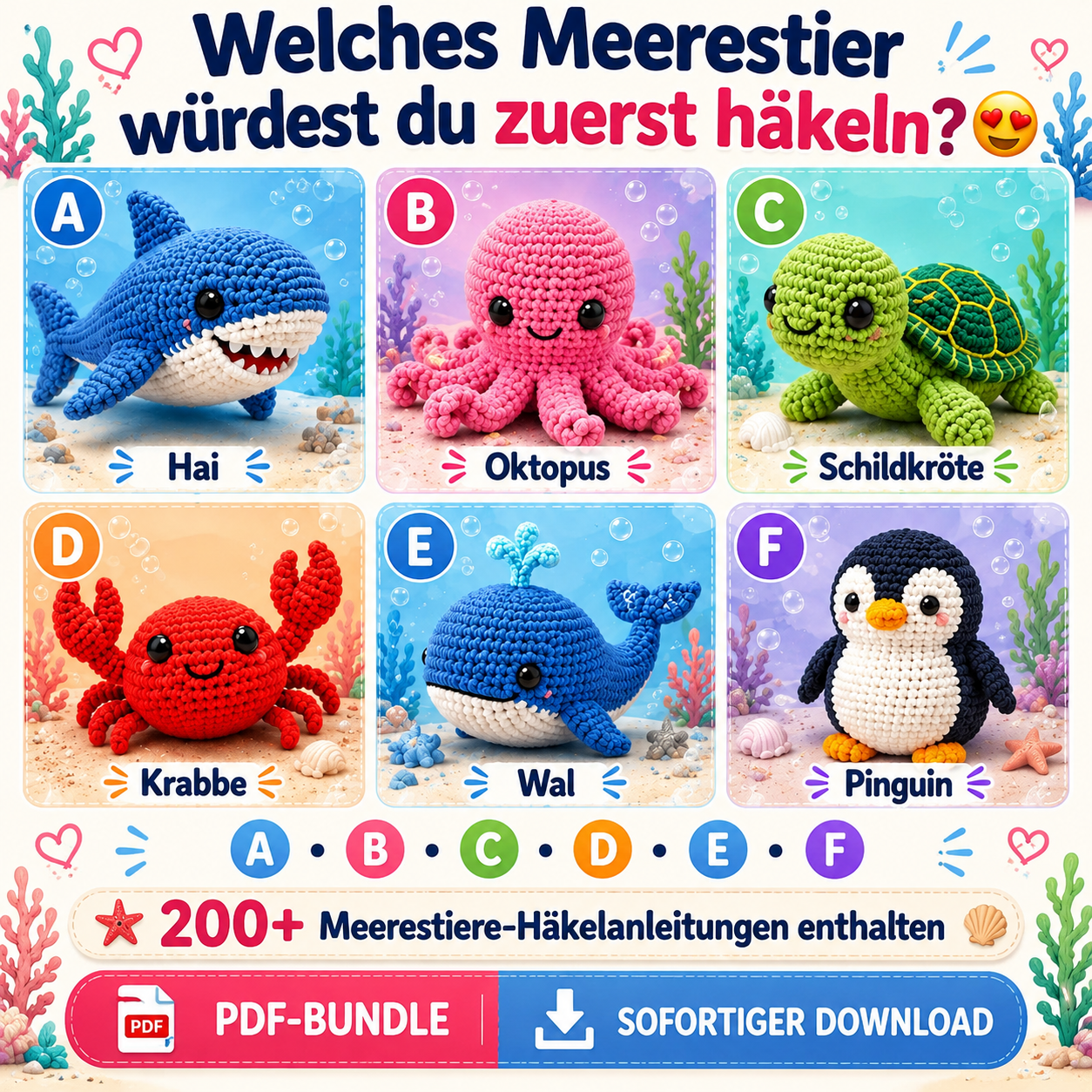 200+ Meerestiere häkeln: Amigurumi PDF-Paket