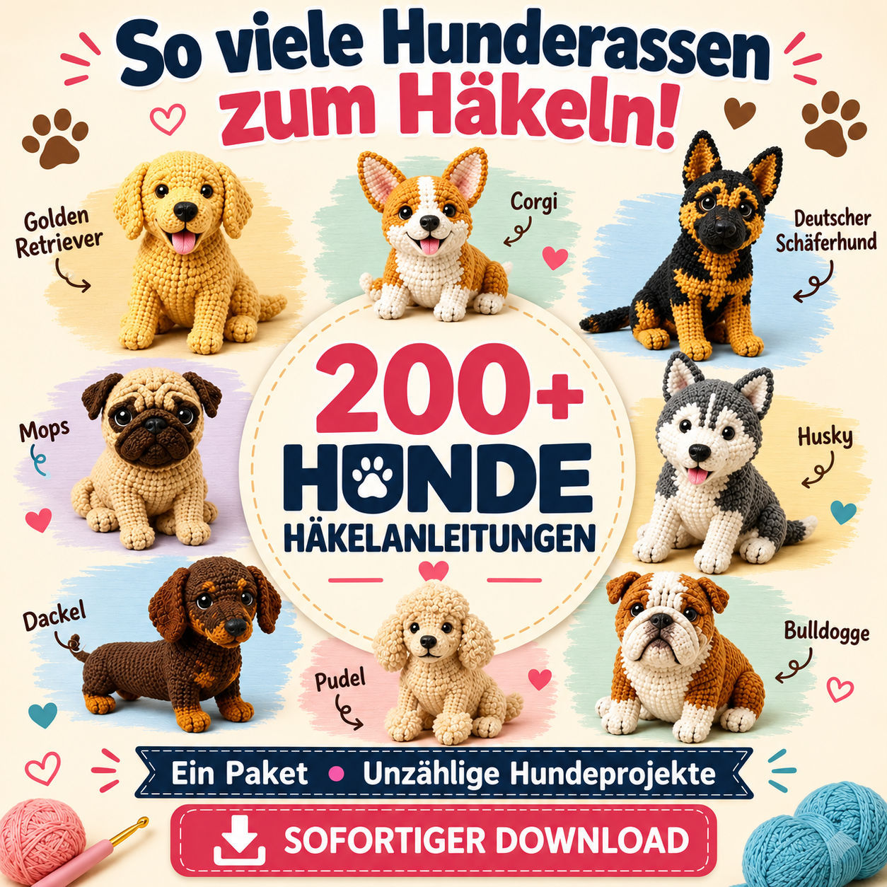 200+ Hunde häkeln: Amigurumi PDF-Paket