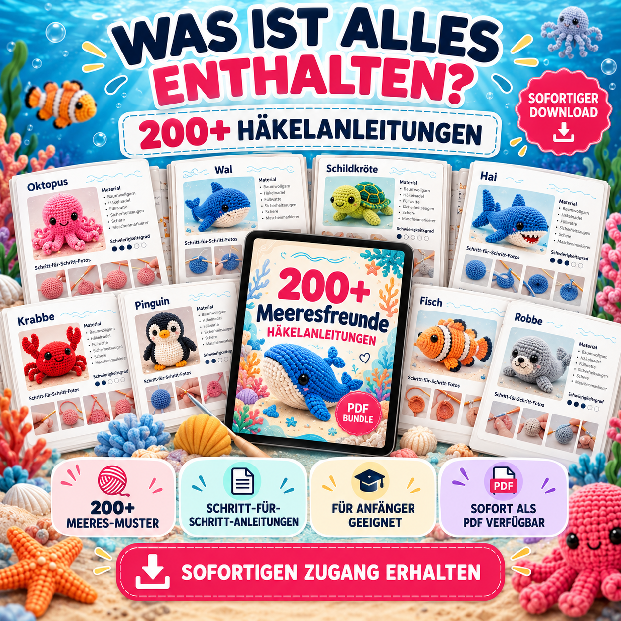 200+ Meerestiere häkeln: Amigurumi PDF-Paket