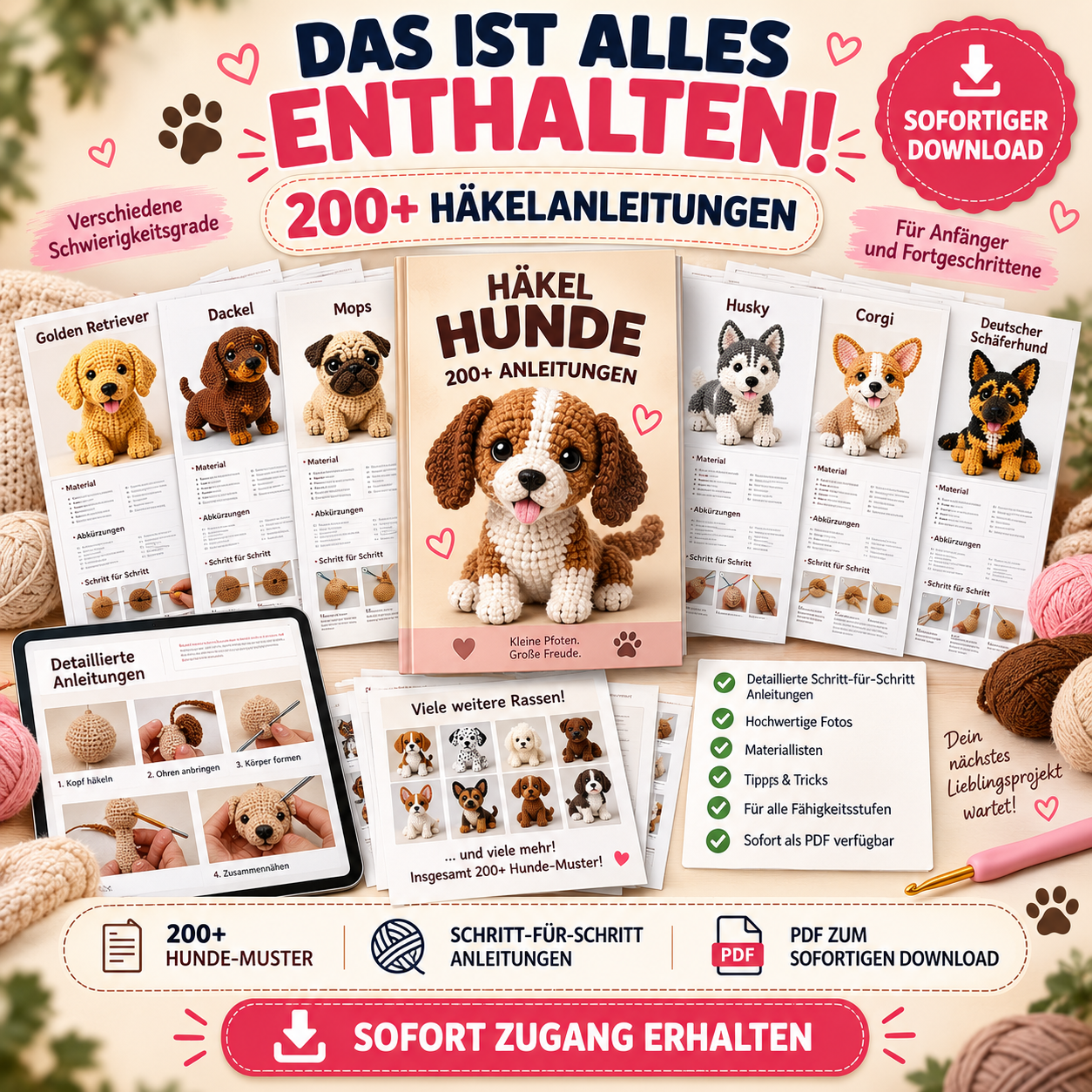 200+ Hunde häkeln: Amigurumi PDF-Paket