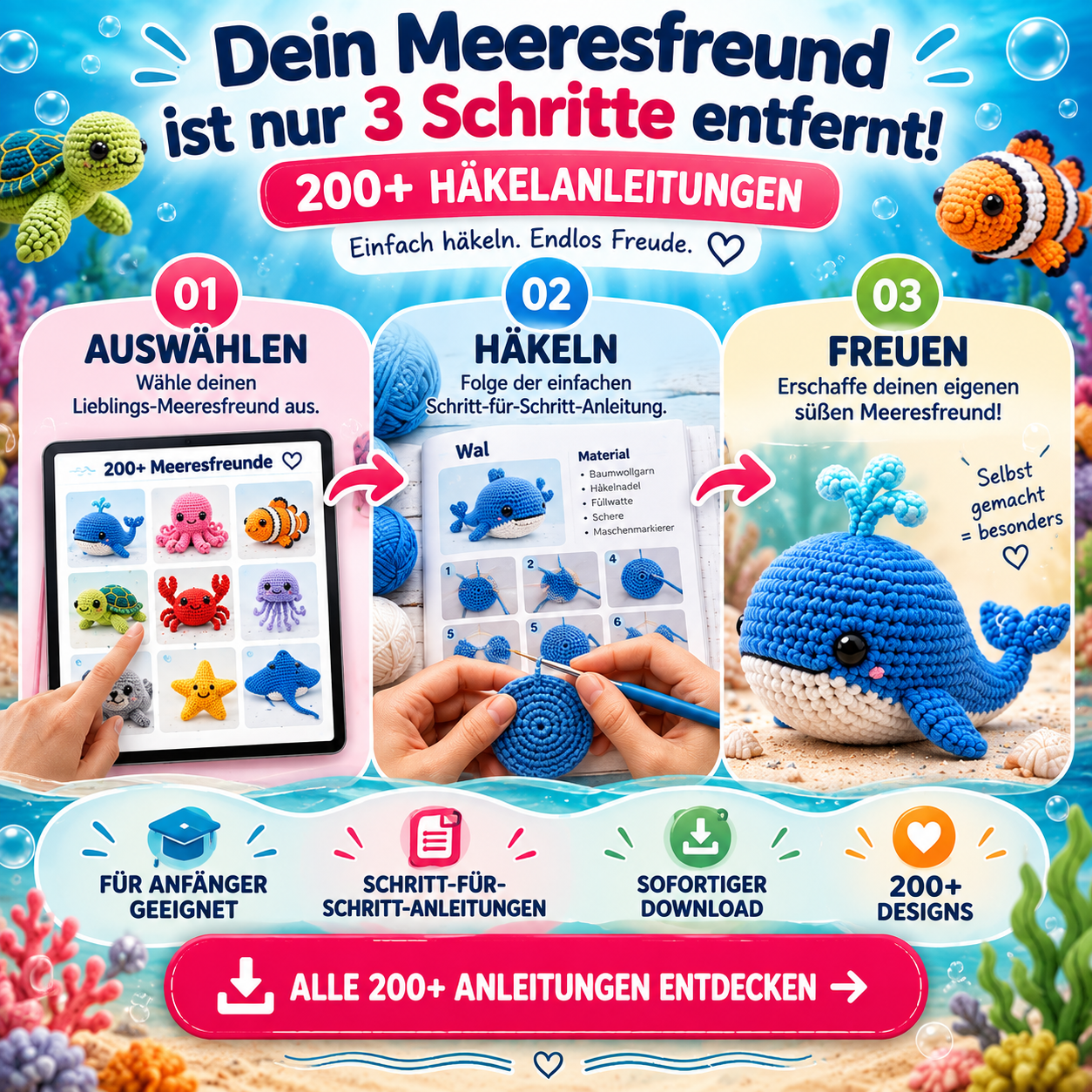200+ Meerestiere häkeln: Amigurumi PDF-Paket