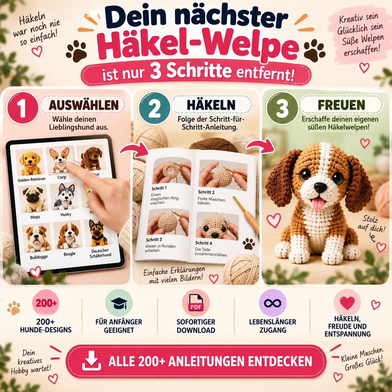 200+ Hunde häkeln: Amigurumi PDF-Paket