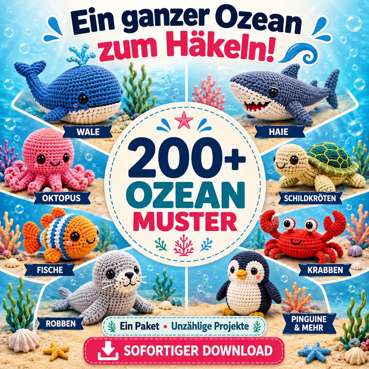 200+ Meerestiere häkeln: Amigurumi PDF-Paket